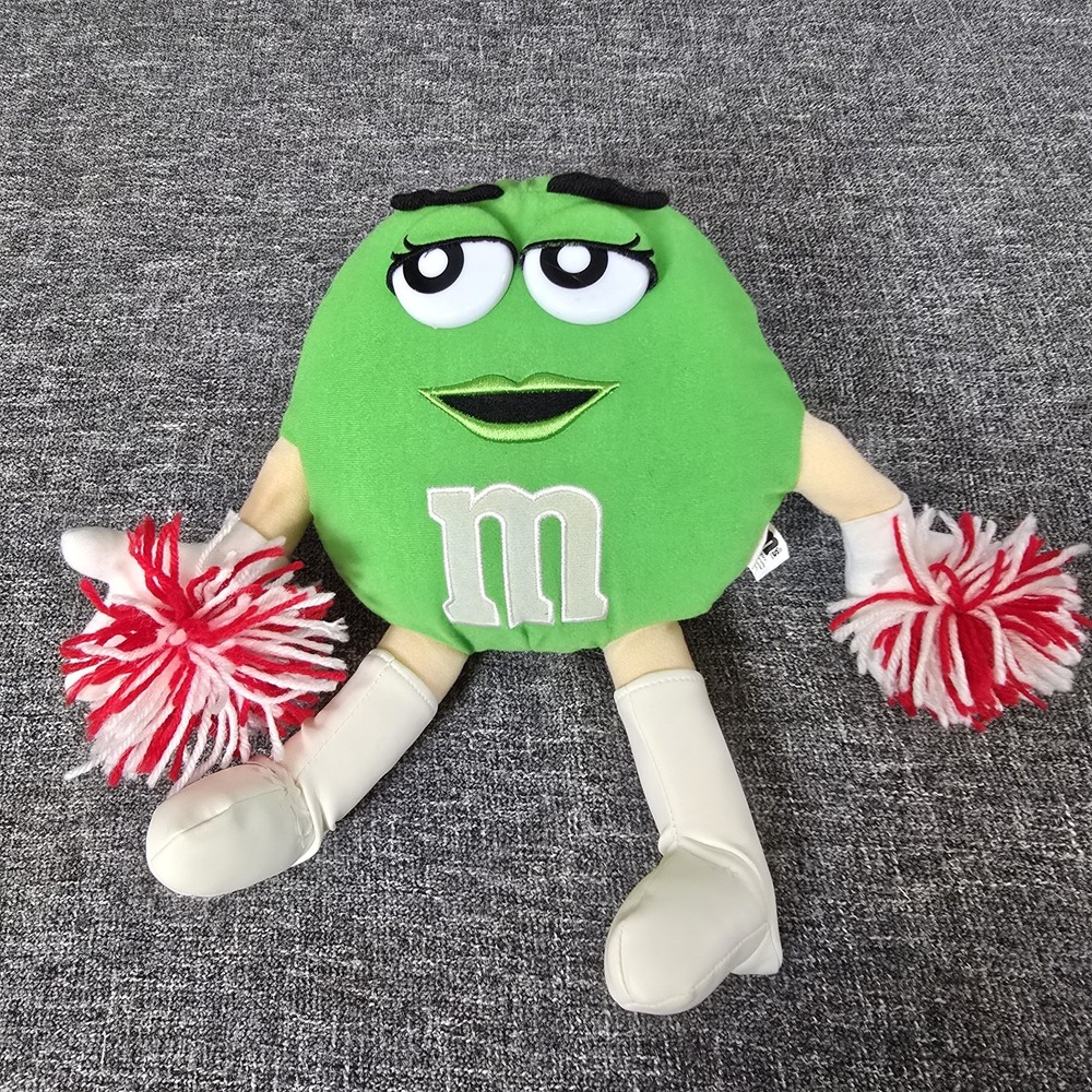 M&M's Green Character Cheerleader Plush Toy with Pom Poms and White Boots 12in